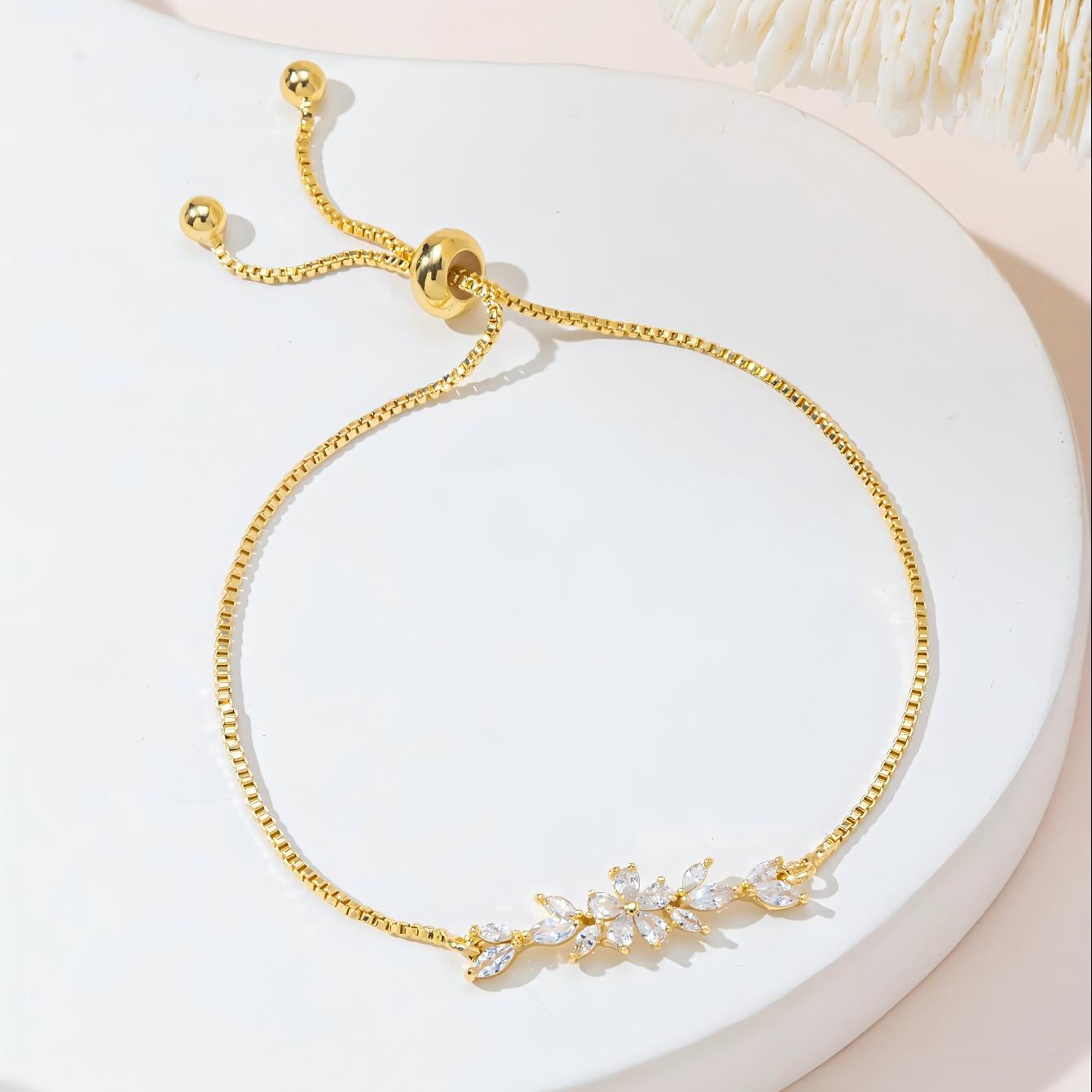 1pcs Fashionable Zircon Bracelet Silver Flower Leaf Drawstring Design Chain Inlaid Gold - plated Bracelet Suitable For Women's Daily Holiday Wear - silverfoxgoods